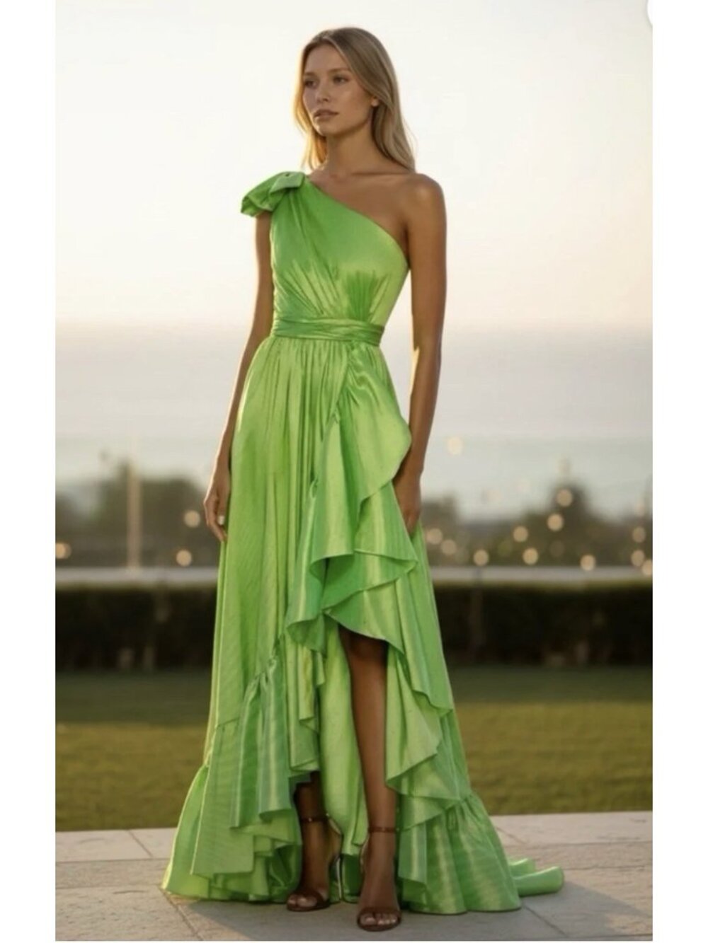 Mac Duggal Dress Gown Womens Size 10 Green Bow One Shoulder Ruffle Asymmetrical